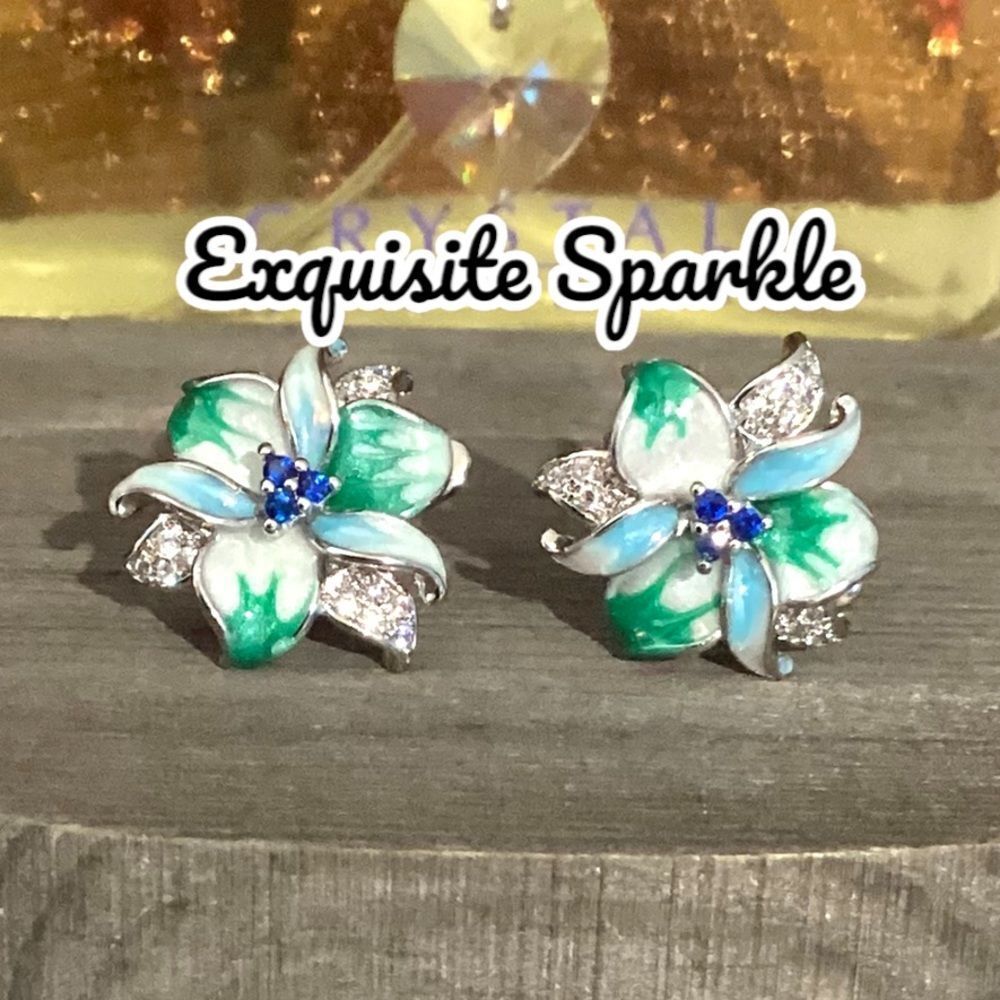 🌸 Green & Blue Enamel Floral Huggie Earrings (1.6cm) (925) Silver  Earrings